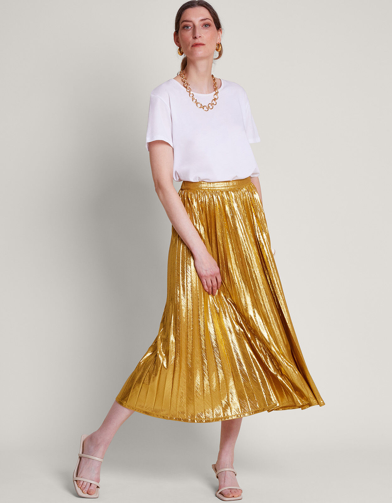 Mia Pleated Midi Skirt Gold Skirts Monsoon UK