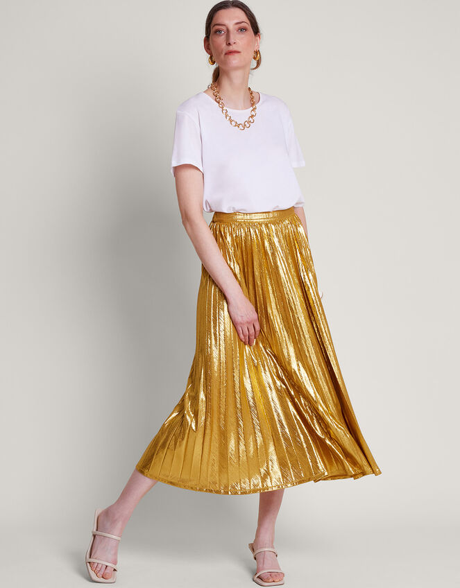 Mia Pleated Midi Skirt, Gold (PALE GOLD), large