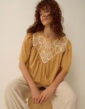 Delta Embroidered Bubble Hem Top, Camel (CAMEL), large