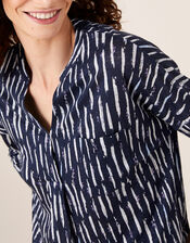 Printed Long Sleeve Top in Pure Linen, Blue (NAVY), large