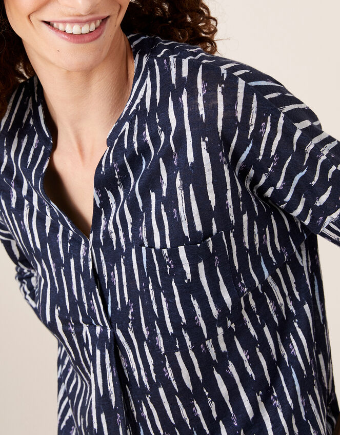 Printed Long Sleeve Top in Pure Linen, Blue (NAVY), large