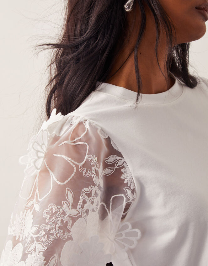 Fi Floral Sheer-Sleeve Top, Ivory (IVORY), large