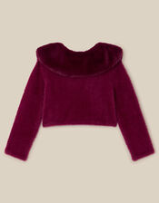 Faux Fur Collar Cardigan, Red (BURGUNDY), large