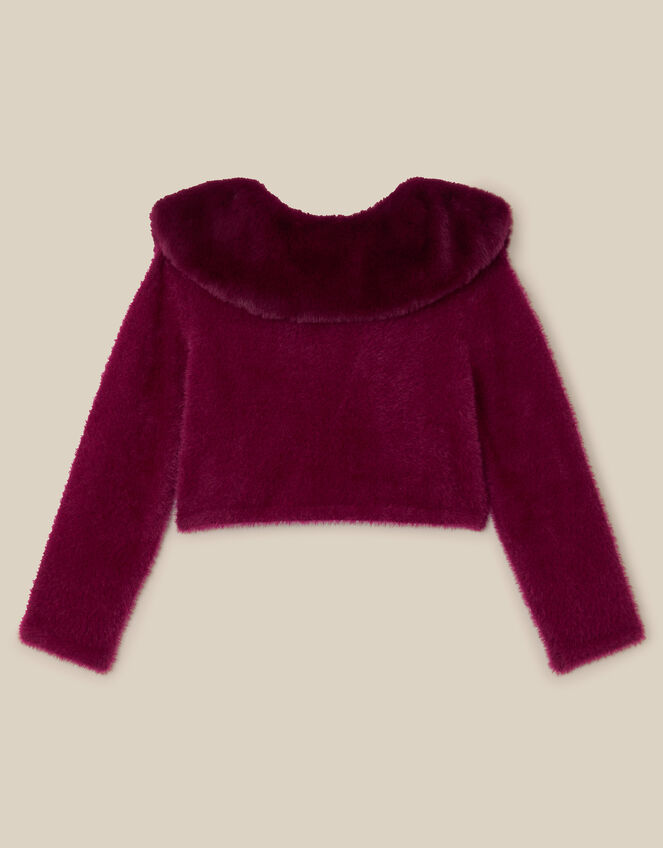 Faux Fur Collar Cardigan, Red (BURGUNDY), large