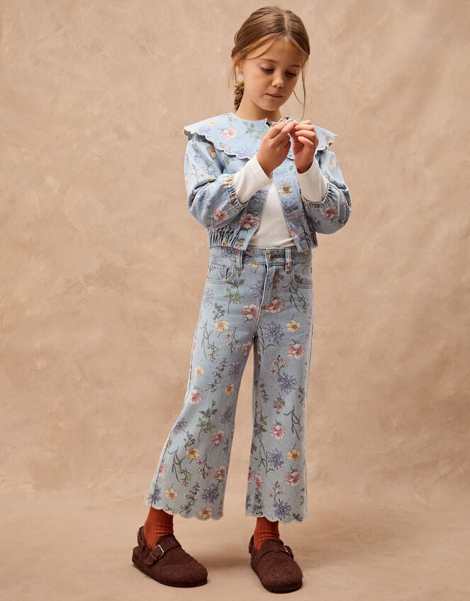 Floral Scallop Trim Jeans, Blue (BLUE), large