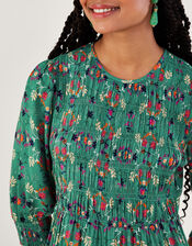 Floral Printed ¾ Sleeve Shirred Dress in LENZING™ ECOVERO™, Green (GREEN), large