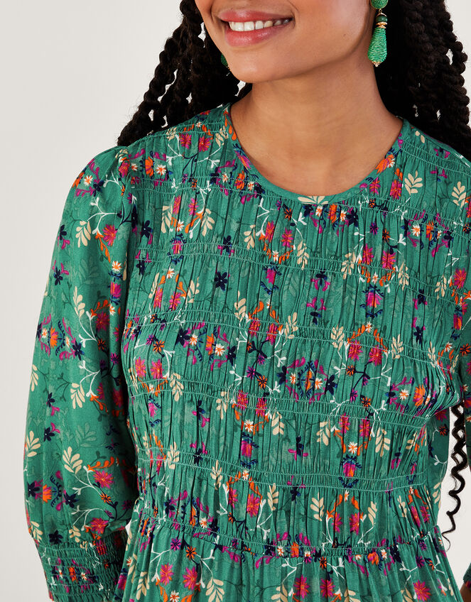 Floral Printed ¾ Sleeve Shirred Dress in LENZING™ ECOVERO™, Green (GREEN), large