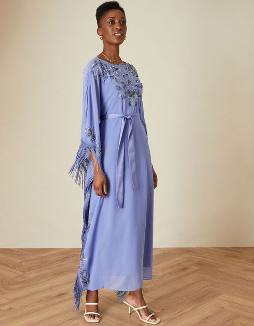 Emma Embellished Fringe Kaftan Dress in Recycled Polyester, Blue (BLUE), large