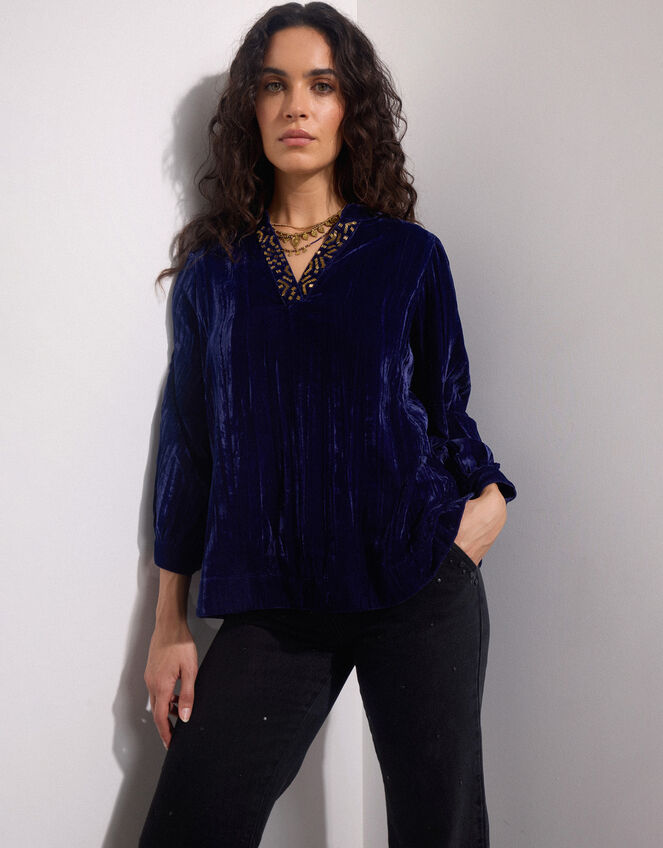 East Lorna Crinkle Velvet Top, Blue (NAVY), large