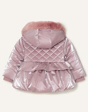 Baby Metallic Frill Puffball Coat, Pink (PINK), large