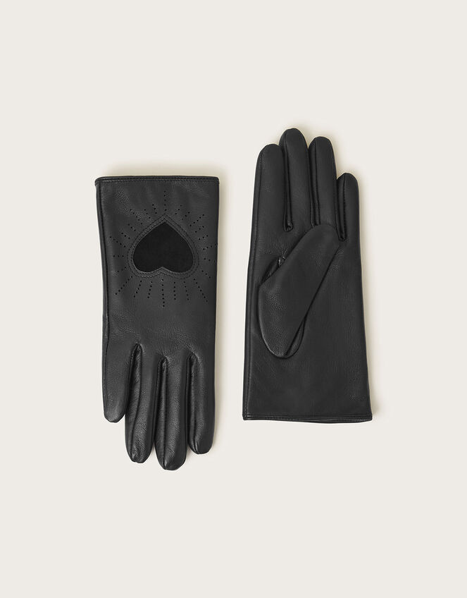 Leather Heart Gloves, Black (BLACK), large
