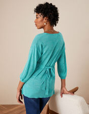 V Neck Longline Belted Jumper in Linen Blend, Blue (TURQUOISE), large
