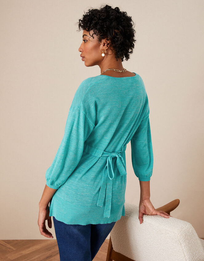 V Neck Longline Belted Jumper in Linen Blend, Blue (TURQUOISE), large