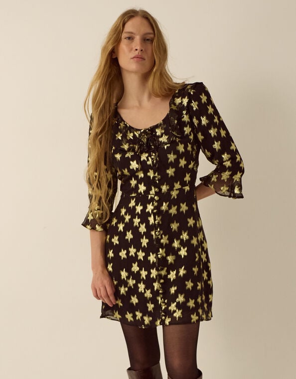 Monsoon x Queens of Archive Farrah Metallic Star Jacquard Mini Dress​, Black (BLACK), large