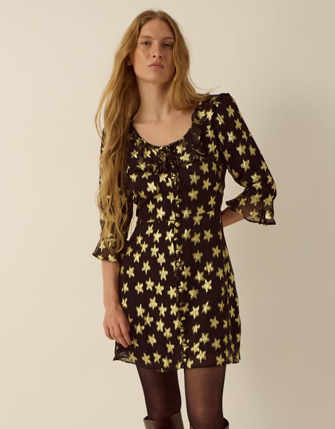 Monsoon x Queens of Archive Farrah Metallic Star Jacquard Mini Dress​, Black (BLACK), large