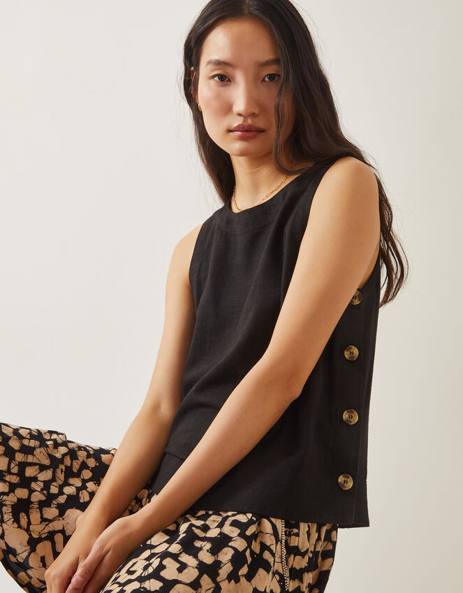 Lucy Linen Blend Button Tank Top, Black (BLACK), large