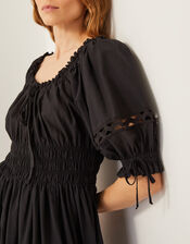 Riley Puff Sleeve Embroidered Midi Dress, Black (BLACK), large