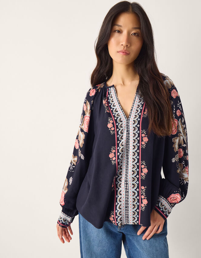 Rosalie V-Neck Floral Print Blouse, Blue (NAVY), large