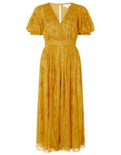 Valerie Sequin Embroidered Tea Dress, Yellow (OCHRE), large