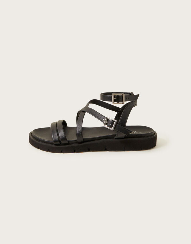 Strappy Flat Leather Sandals, Black (BLACK), large