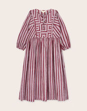 East Vika Hand-Woodblock Stripe Midi Dress, Red (BERRY), large