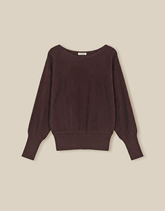 Remi Ribbed Boat Neck Jumper, Brown (CHOCOLATE), large