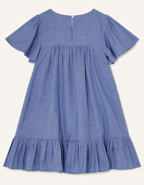 Chambray Embellished Neck Swing Dress, Blue (BLUE), large