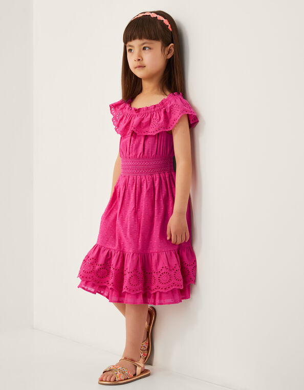 Broderie Frill Polka Dot Dress, Pink (PINK), large