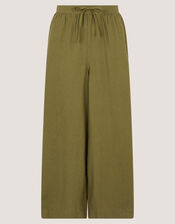 Maisie Linen Blend Cropped Wide Leg Trousers, Green (KHAKI), large