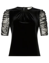 Victoria Sequin Sleeve Stretch Velvet Top, Black (BLACK), large