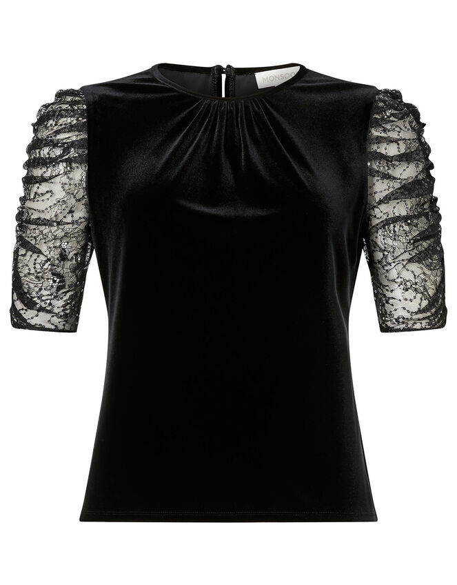 Victoria Sequin Sleeve Stretch Velvet Top, Black (BLACK), large