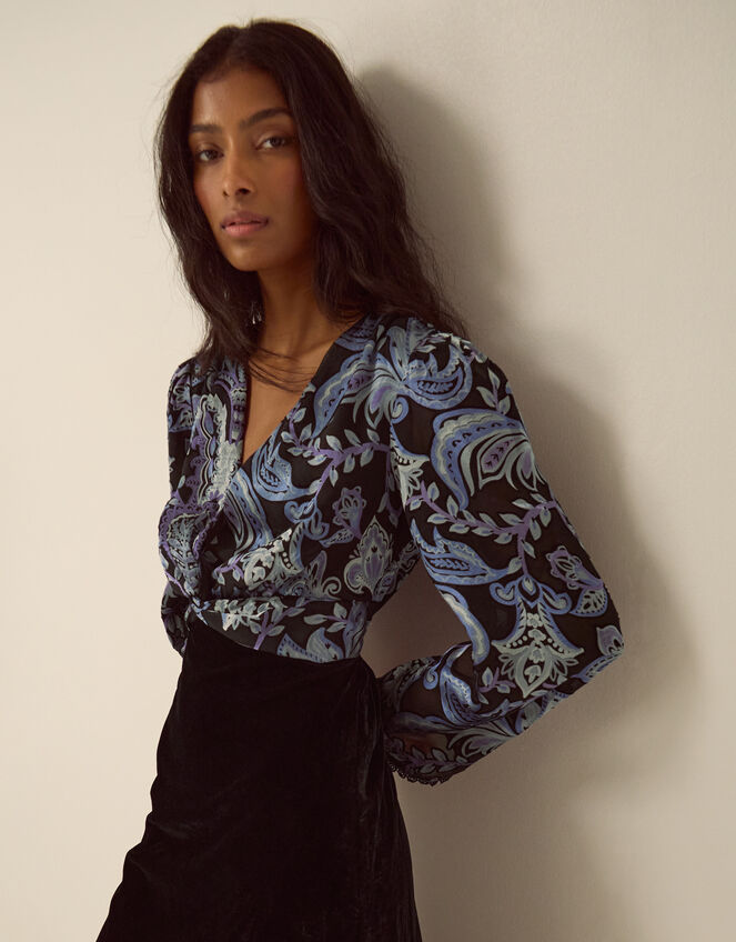 Claudia Floral Devor&eacute; Midi Dress, Black (BLACK), large