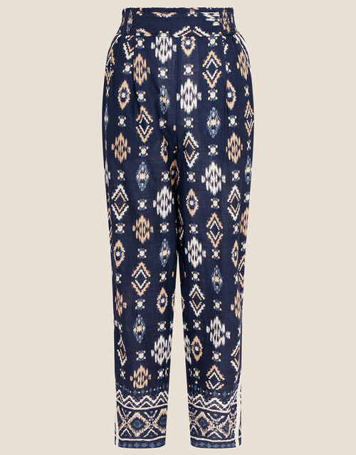 Ikat Print Pull On Trousers in Sustainable Cotton, Blue (NAVY), large