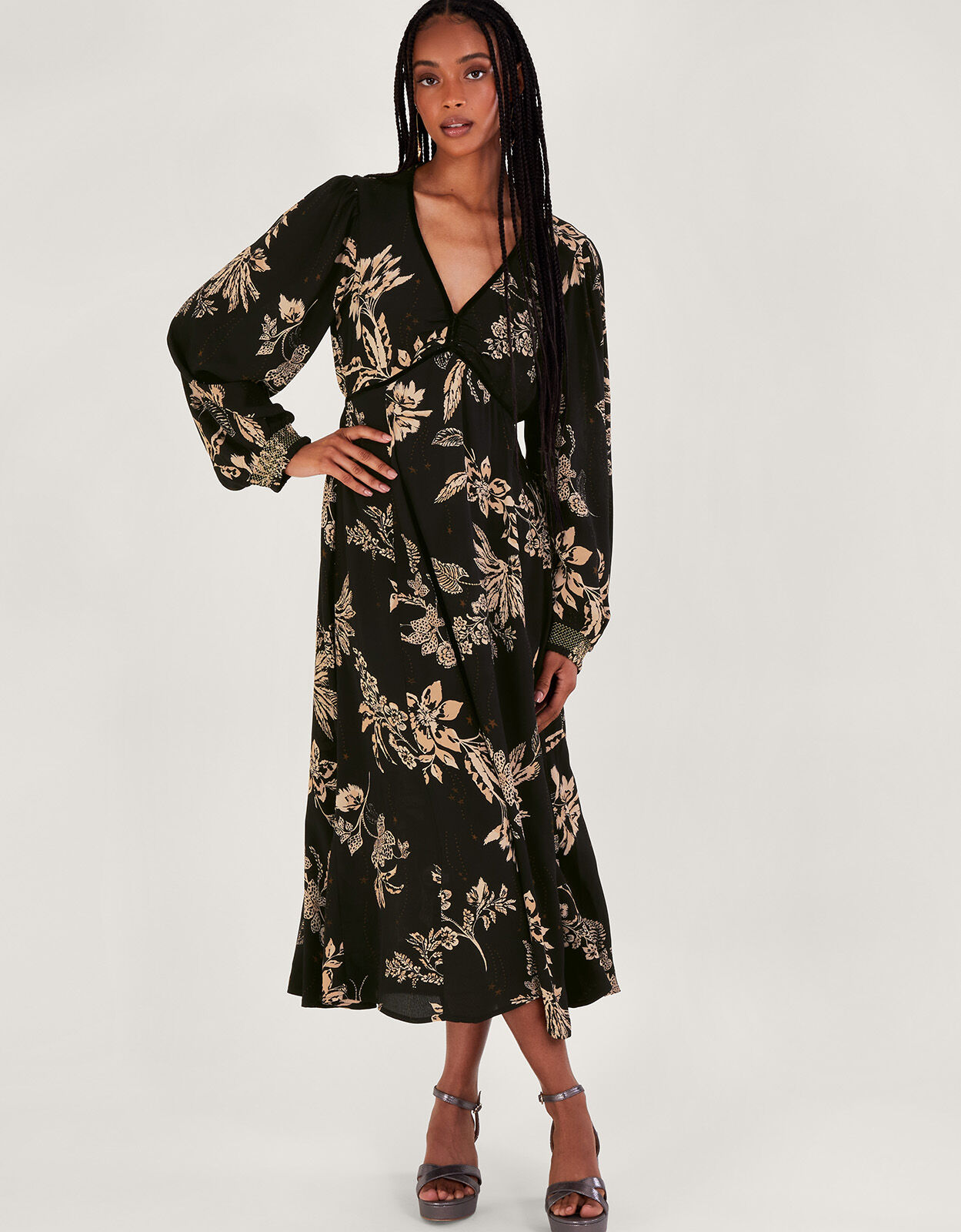 Annette Floral Midi Dress Black
