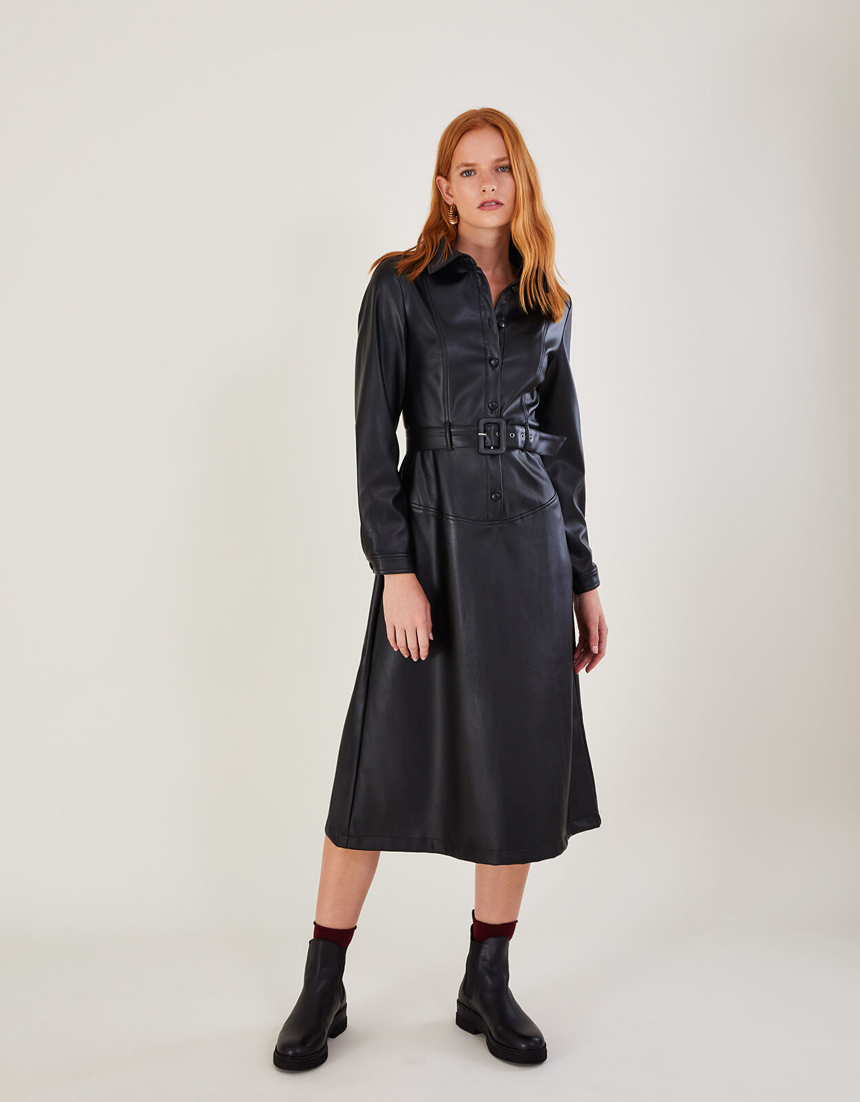 Peppa PU Midi Shirt Dress with Recycled Polyester Black