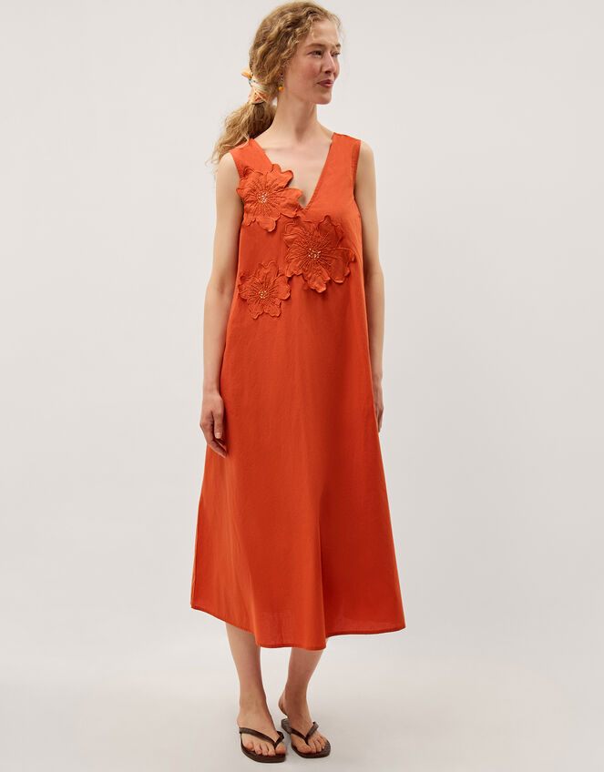 Rosalie Floral Appliqu&eacute; Cotton Midi Dress, Orange (ORANGE), large