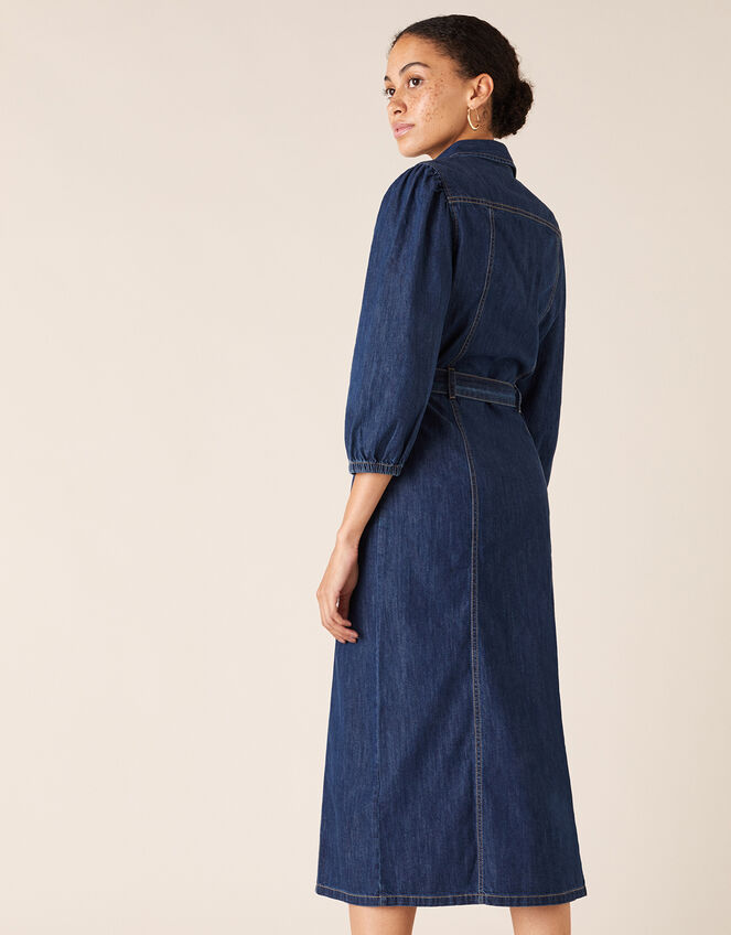 Belted Denim Midi Dress in Organic Cotton, Blue (DENIM BLUE), large