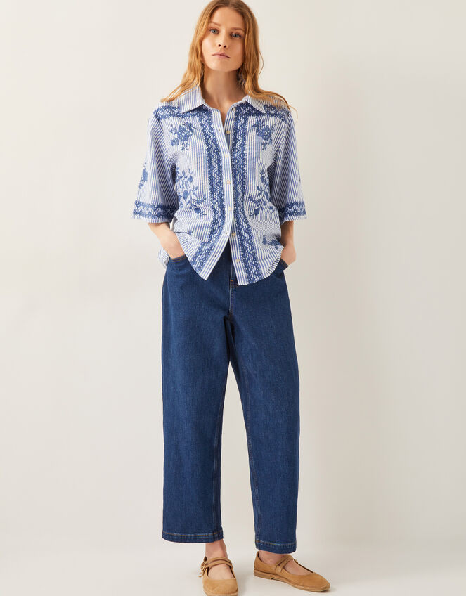 Marlowe Floral Embroidered Stripe Shirt, Blue (BLUE), large