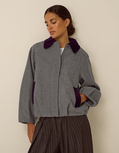 Jess Velvet Trim Bomber Jacket, Grey (DARK GREY), large