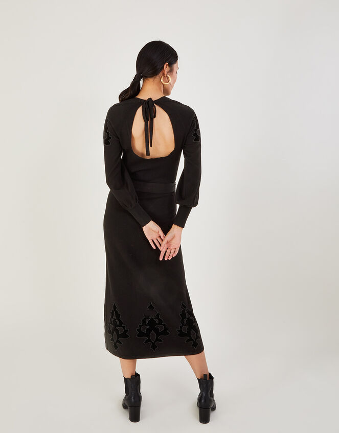 Velvet Applique Cut-Out Midi Dress, Black (BLACK), large
