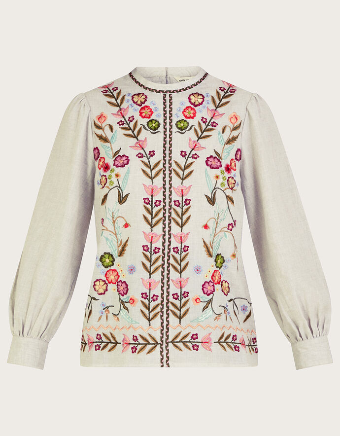 Josie Floral Embroidered Top Grey