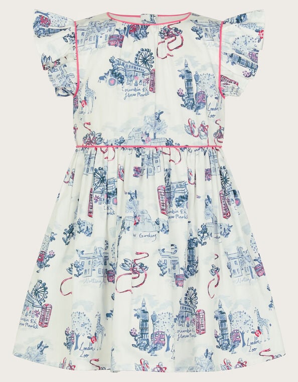 Baby London Print Frilly Cotton Dress, Ivory (IVORY), large