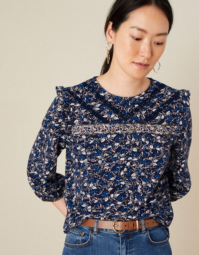 Lace Trim Printed Top, Blue (NAVY), large