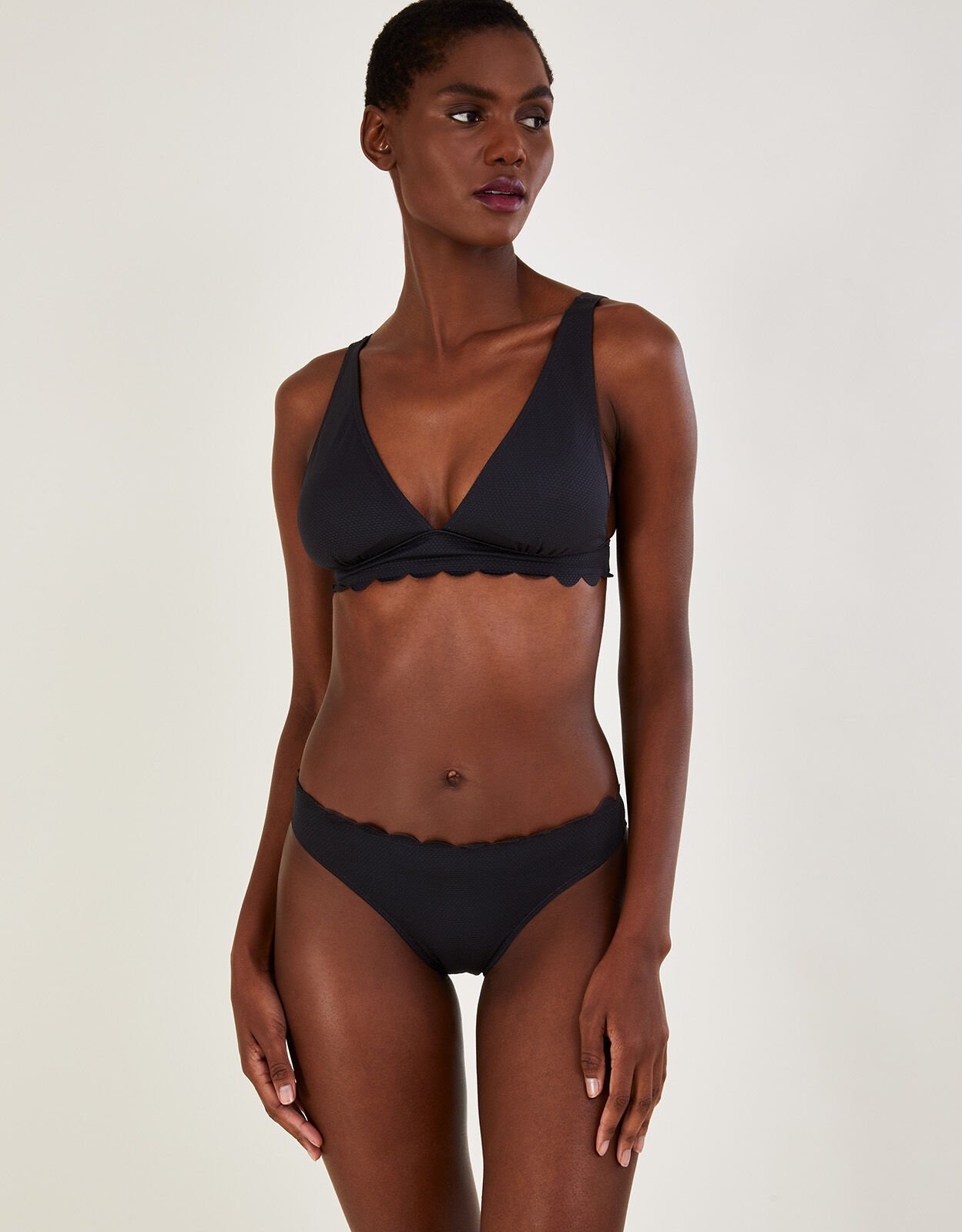 Scallop Edge Plain Bikini Bottoms with Recycled Polyester Black