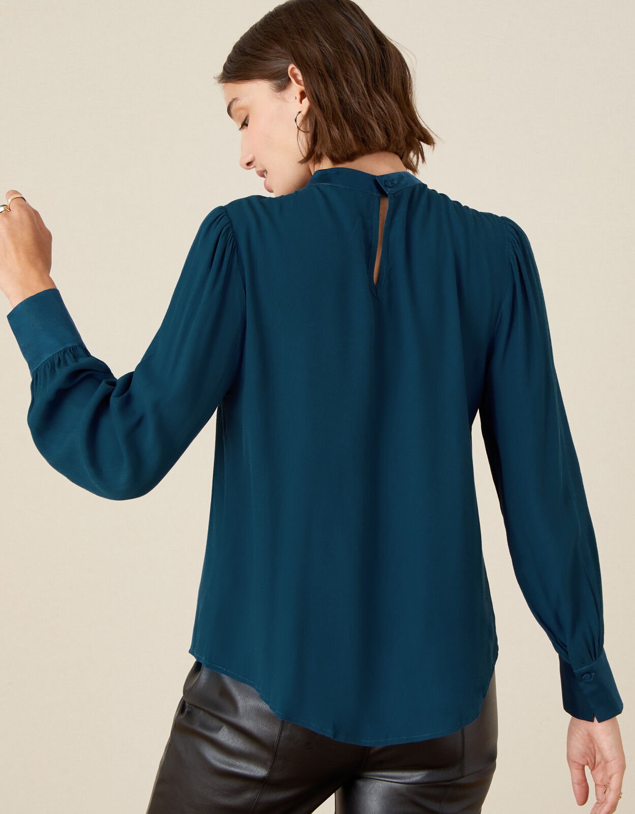 High Neck Pleated Long Sleeve Blouse Teal