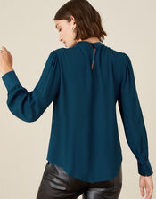 High Neck Pleated Long Sleeve Blouse, Teal (TEAL), large