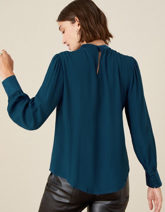 High Neck Pleated Long Sleeve Blouse, Teal (TEAL), large