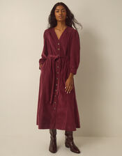 Allison V-Neck Belted Corduroy Midi Dress, Red (BERRY), large