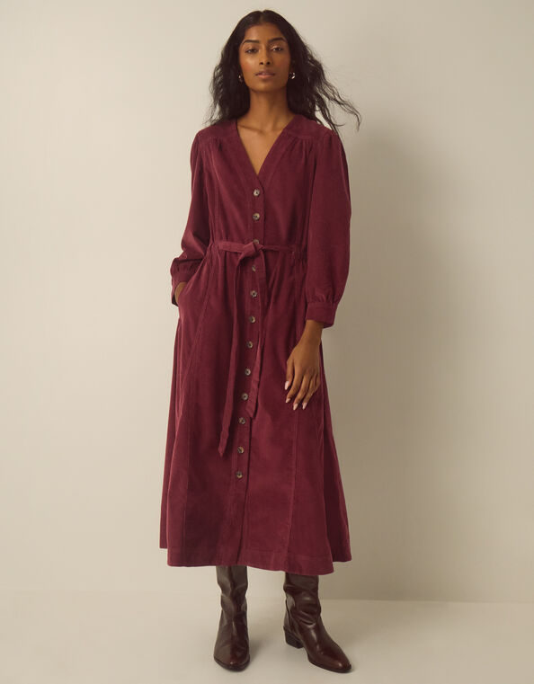 Allison V-Neck Belted Corduroy Midi Dress, Red (BERRY), large