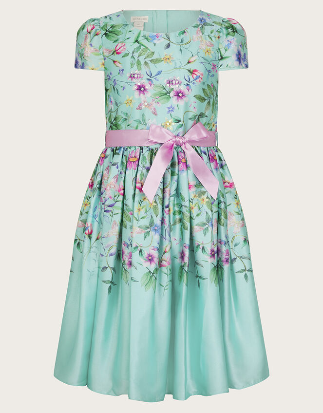 Short Sleeve Botanical Print Satin Dress, Green (GREEN), large